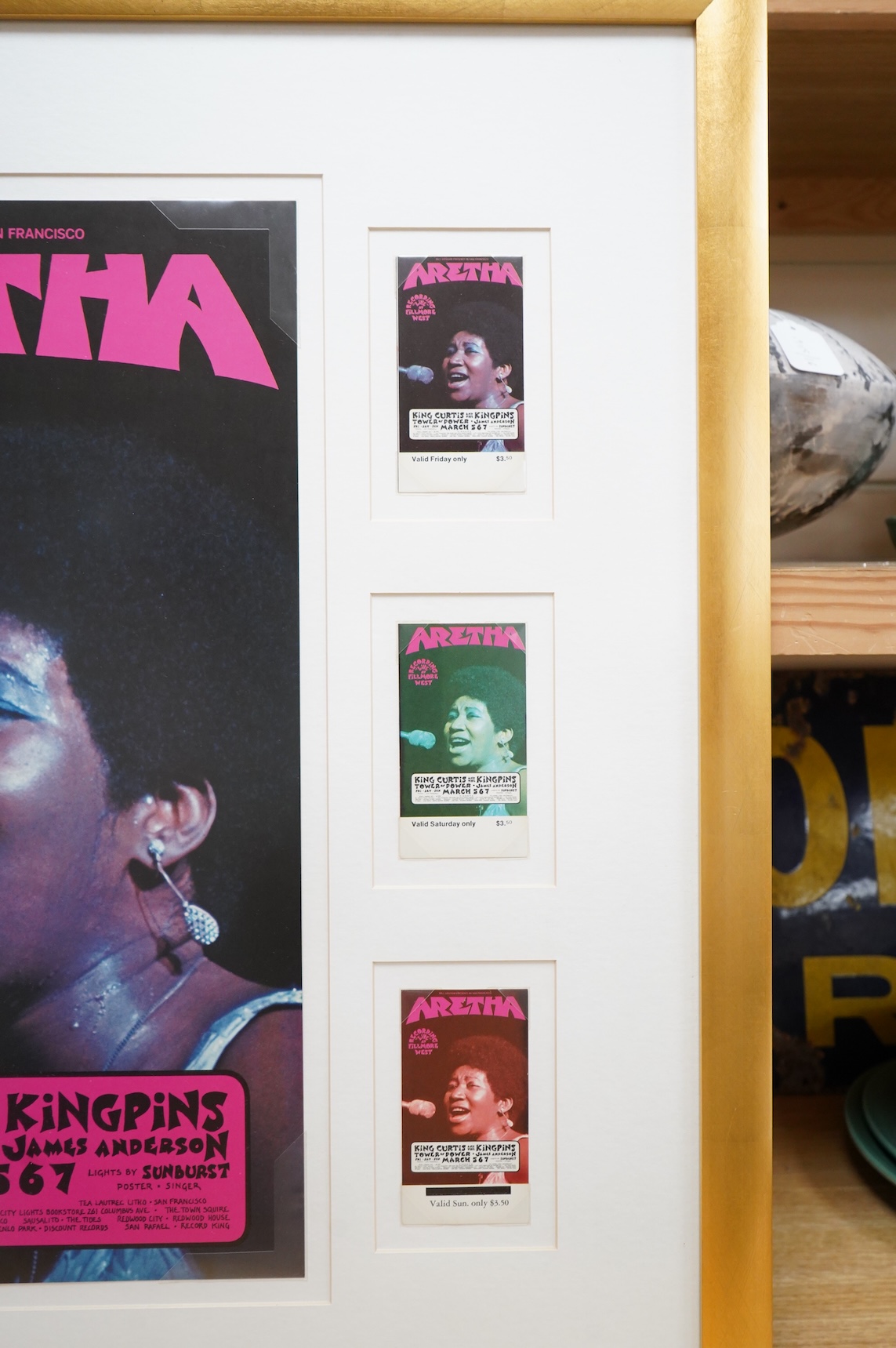 Aretha Franklin interest; a framed poster promoting the live recording of the concert at Fillmore West, March 1971, issued by the promoter Bill Graham, framed together with the tickets for each of the three nights of the